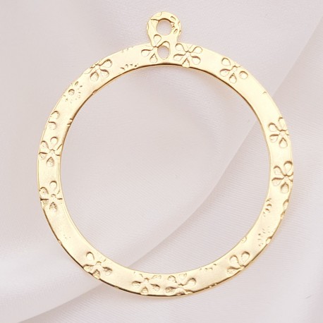 4 pendentifs acier or anneaux  martelé fleur 43x38mm