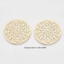 2 estampes connecteur  filigrane laiton rond  or 24kt  30mm