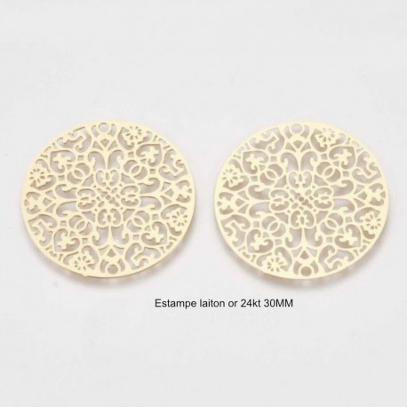 2 estampes connecteur  filigrane laiton rond  or 24kt  30mm
