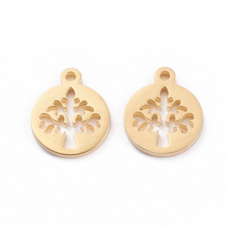 2 Breloques acier arbre de vie or 24kt 12x10mm