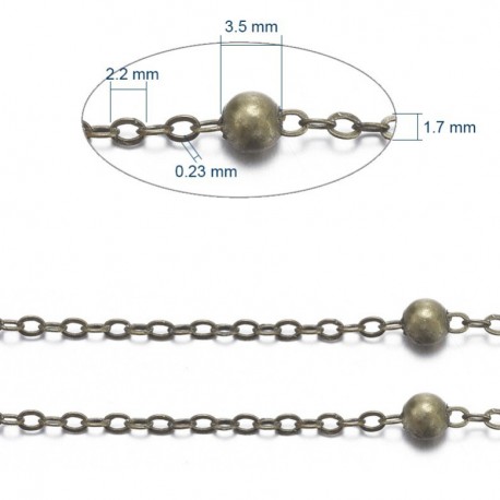 1 mètre  de chaine fantaisie maille +boule laiton couleur bronze 2mm