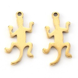 6 Breloques acier inoxydable or  gecko  17x9mm