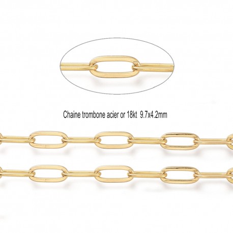 20cm CHM002 chaine acier or 18kt  maillon trombone 9.7x4.2mm