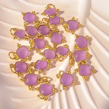 1 pendentif  calcédoine lilas  carre facette  serti argent 925 doreé or 24kt