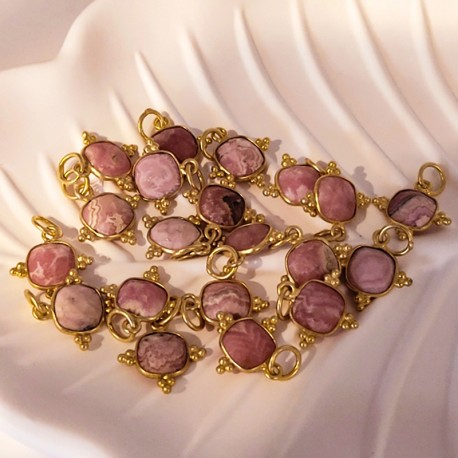 1 pendentif  rhodonite rose  carre facette  serti argent 925 doreé or 24kt