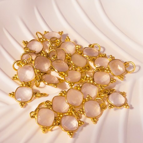 1 pendentif  quartz rose  carre facette  serti argent 925 doreé or 24kt