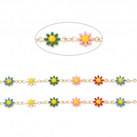 20cm chaine fleurs marguerite émaillées laiton or 24kt