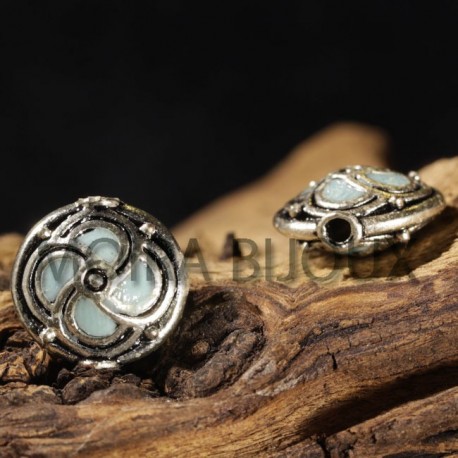 2 perles palets émailles argenté bleu pâle  ethnique 14x8mm