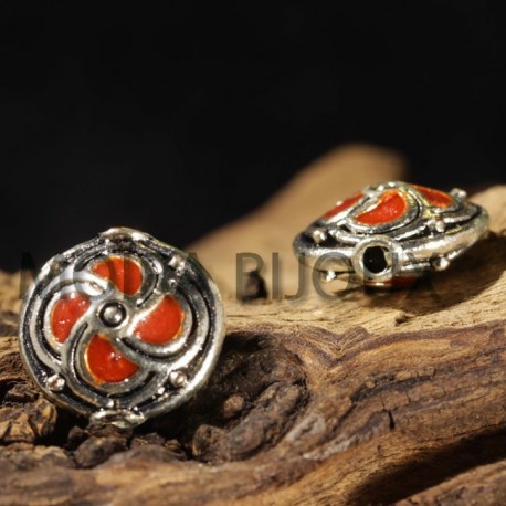 2 perles palets émailles argenté rouge  ethnique 14x8mm