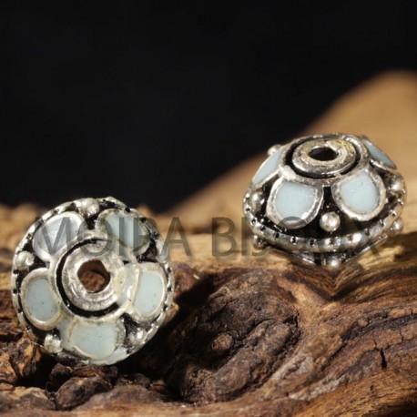 2 perles boulier émailles argenté bleu ethnique 11x7,5mm