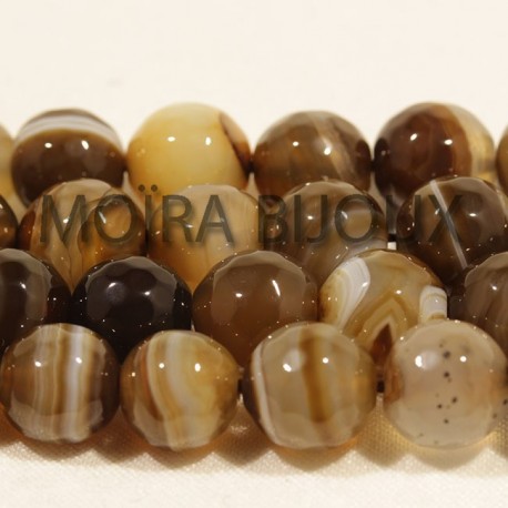 6 perles pierre agate facettée marron beige  enrubannée 10mm