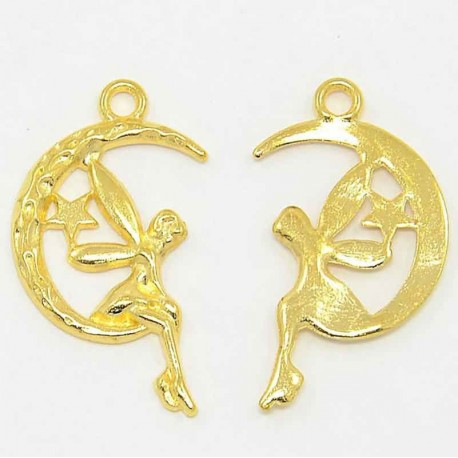 10 breloques fée sur lune relief lisse métal doré 25x14mm