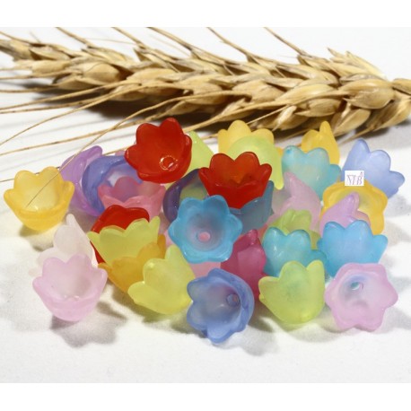 Mix 20 perles lucite fleurs verre acrylique dépoli multicolore 10x9mm
