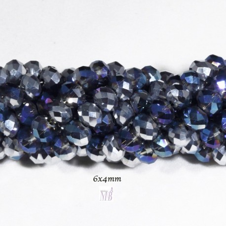 30 perles boulier en verre facettée  bleu /argent  6x4mm