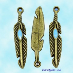 10 breloques plumes bronze et son émaillage bleu ciel 27x5mm