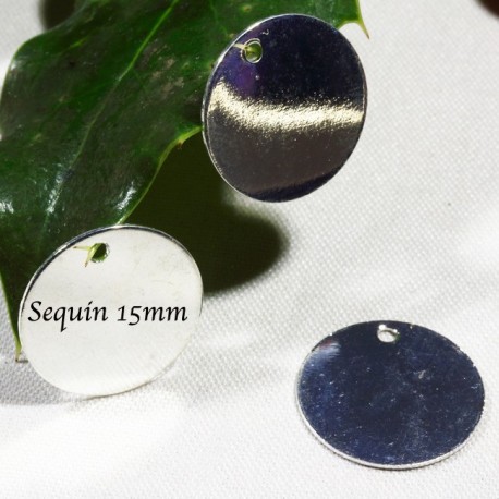 10 breloques sequins rond plaqué argent lisse plat  15mm