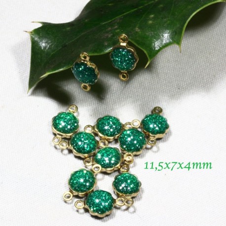 10 Connecteurs ronds  émail vert pailleté double face 7x11,5x4mm