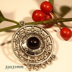 2 pendentifs connecteurs chandeliers métal argenté +cabochon noir  39x31mm