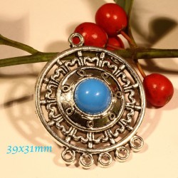 2 pendentifs connecteurs chandeliers métal argenté +cabochon bleu  39x31mm