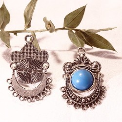 2 chandeliers connecteur métal argenté  et cabochon turquoise 28x18mm