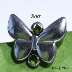 2 Connecteurs  acier inoxydable papillon  argent mat  16x19mm