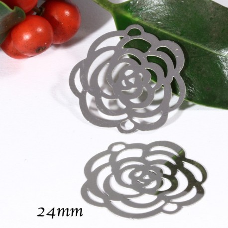 6 Estampes acier inoxydable motif fleur "rose" ciselée argenté 24mm