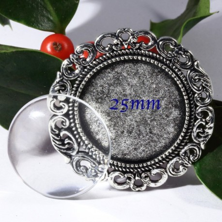 1 support cabochon broche argenté  fantaisie +cabochon verre 25mm