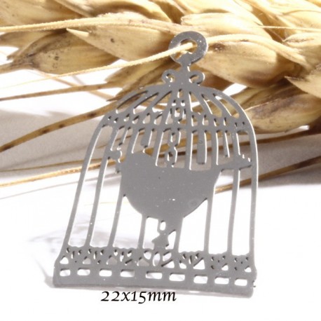 6 estampes pendentif  cage à oiseaux et son oiseau acier argenté 22x15mm