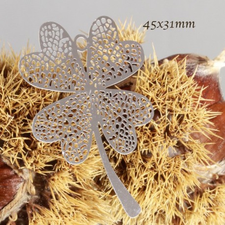 2 estampes pendentif fleur  acier inoxydable  trèfle 4 feuilles argenté 45x31mmmm