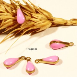 10 sequins  émaillés goutte rose  laiton 11x4mm