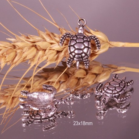 10 breloques tortues métal argenté lisse 23x18mm