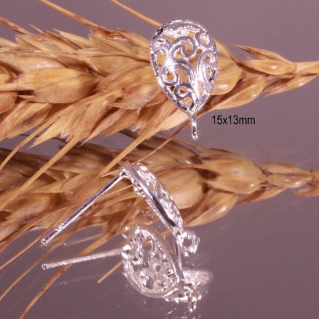 2 boucles d'oreille puce  goutte plaqué argent arabesque 15x13mm