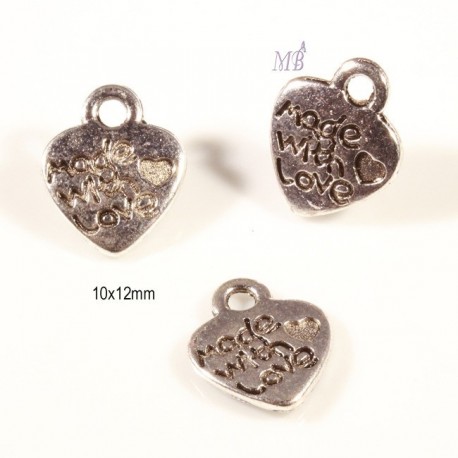 20 breloques pampille "made with love "coeur argenté  15x12mm