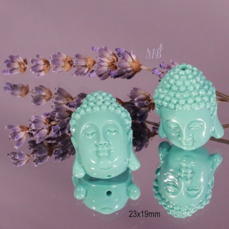 4 perles  têtes de bouddha vert lagon 26x17mm