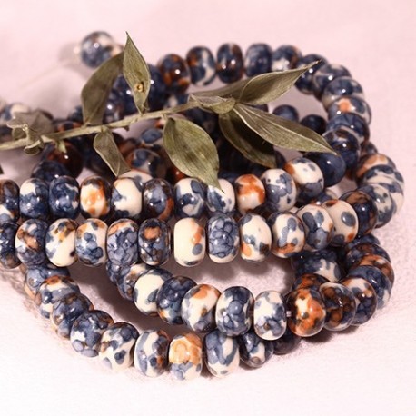 10perles de jade océanique  8x5mm bleu d'encre/rouille marbré blanc