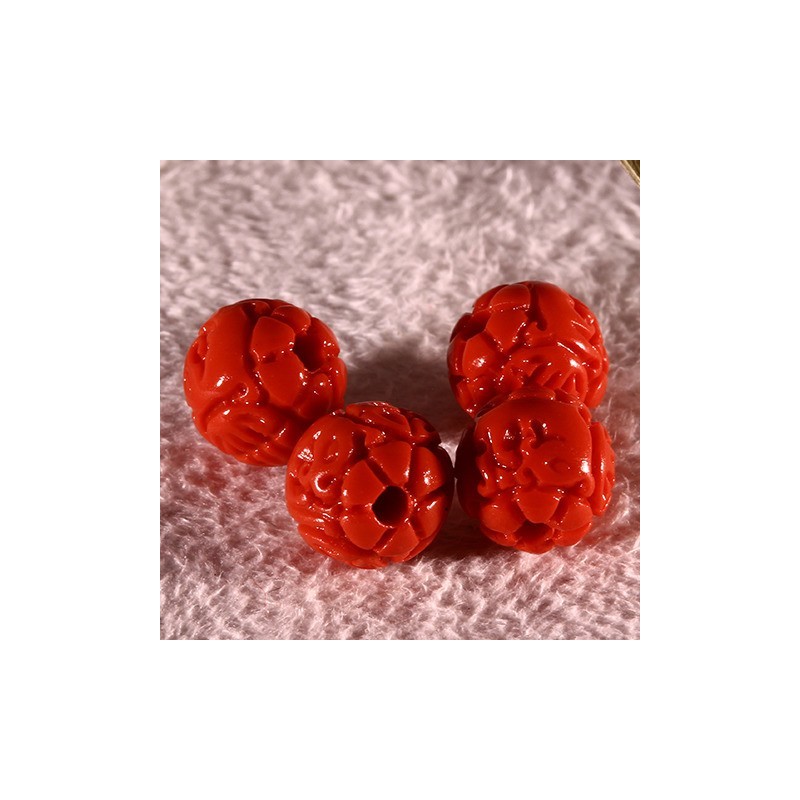 Perle Ancienne En Bakélite Sculptée Rouge Marbré - Vintage - Pour Bijoux Ou Collection