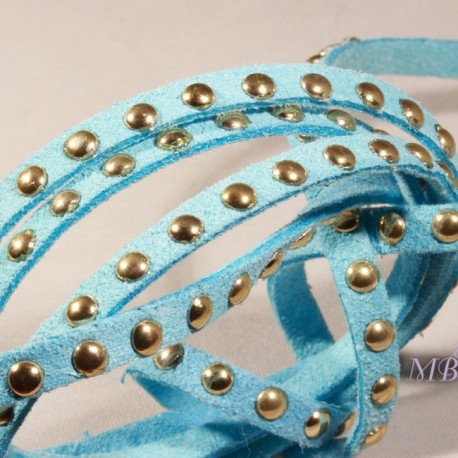 1mètre de cordon suédine turquoise clouté doré largeur 5mm