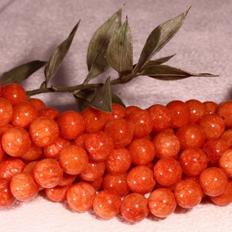 6mm: 10  perles pierre  jade naturelle teintée ronde orange corail marbré