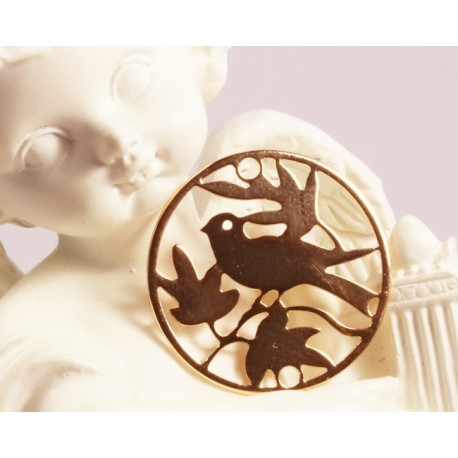 2 Estampes 20mm ronde  "oiseau sur la branche" or 24kt