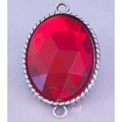1 connecteur métal argenté ovale avec cabochon acrylique 18x24mm rouge