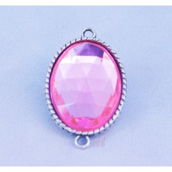 1 connecteur métal argenté ovale avec cabochon acrylique 18x24mm rose