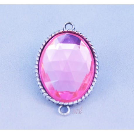 1 connecteur métal argenté ovale avec cabochon acrylique 18x24mm rose