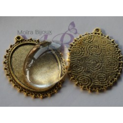 4 pièces : 2supports cabochons doré ciselés 30x40mm+2cabochons verre