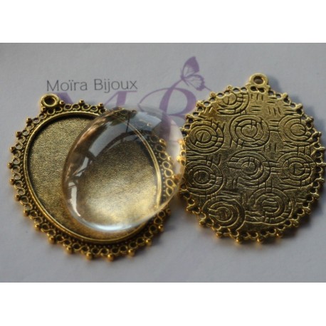 4 pièces : 2supports cabochons doré ciselés 30x40mm+2cabochons verre