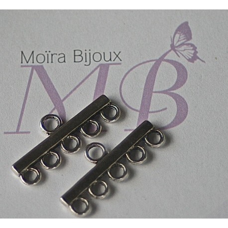 6 connecteurs multi rangs 5 trous métal argenté platine lisse 29,5x12mm