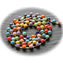 1 mètre chaine laiton  or strassée multicolore 4x4mm