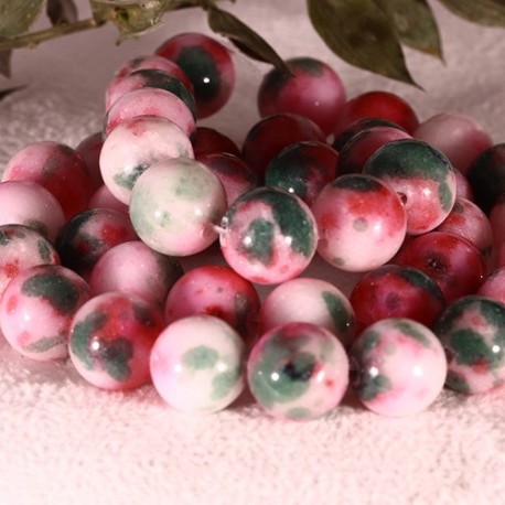 10MM : x10 perles  jade ronde blanc teinté vert/rouge cerise
