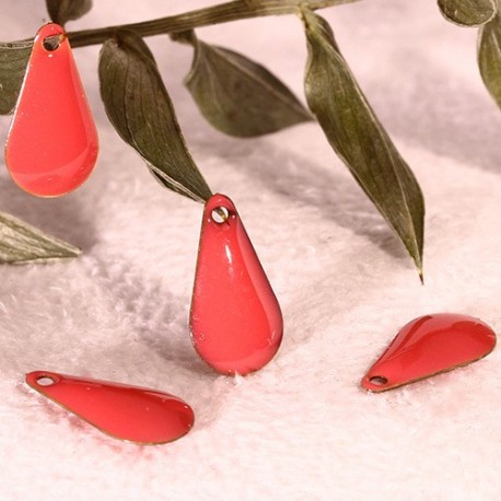 4 sequins goutte émaillés  rose corail laiton 10x6mm