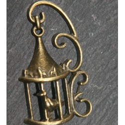 6 breloques cages oiseaux ciselée avec oiseau métal couleur bronze 34x20mm