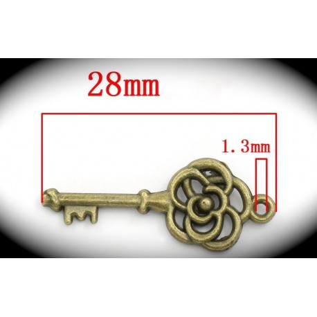 10 breloques clefs ciselées fleurs  métal couleur bronze 28x11mm
